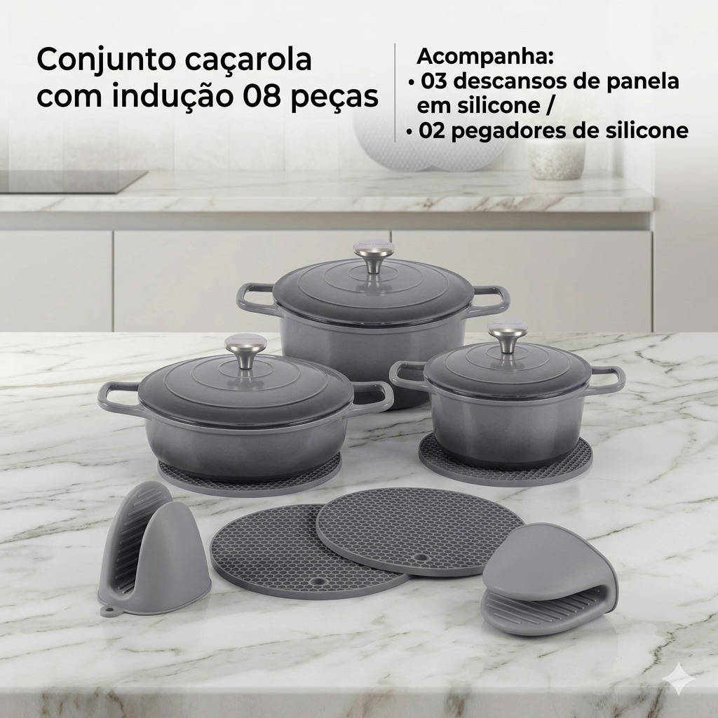 Imagem Jogo 3 Panelas para Indução Fundo Triplo Revestimento Cerâmico Antiaderente com Tampas Linha Premium