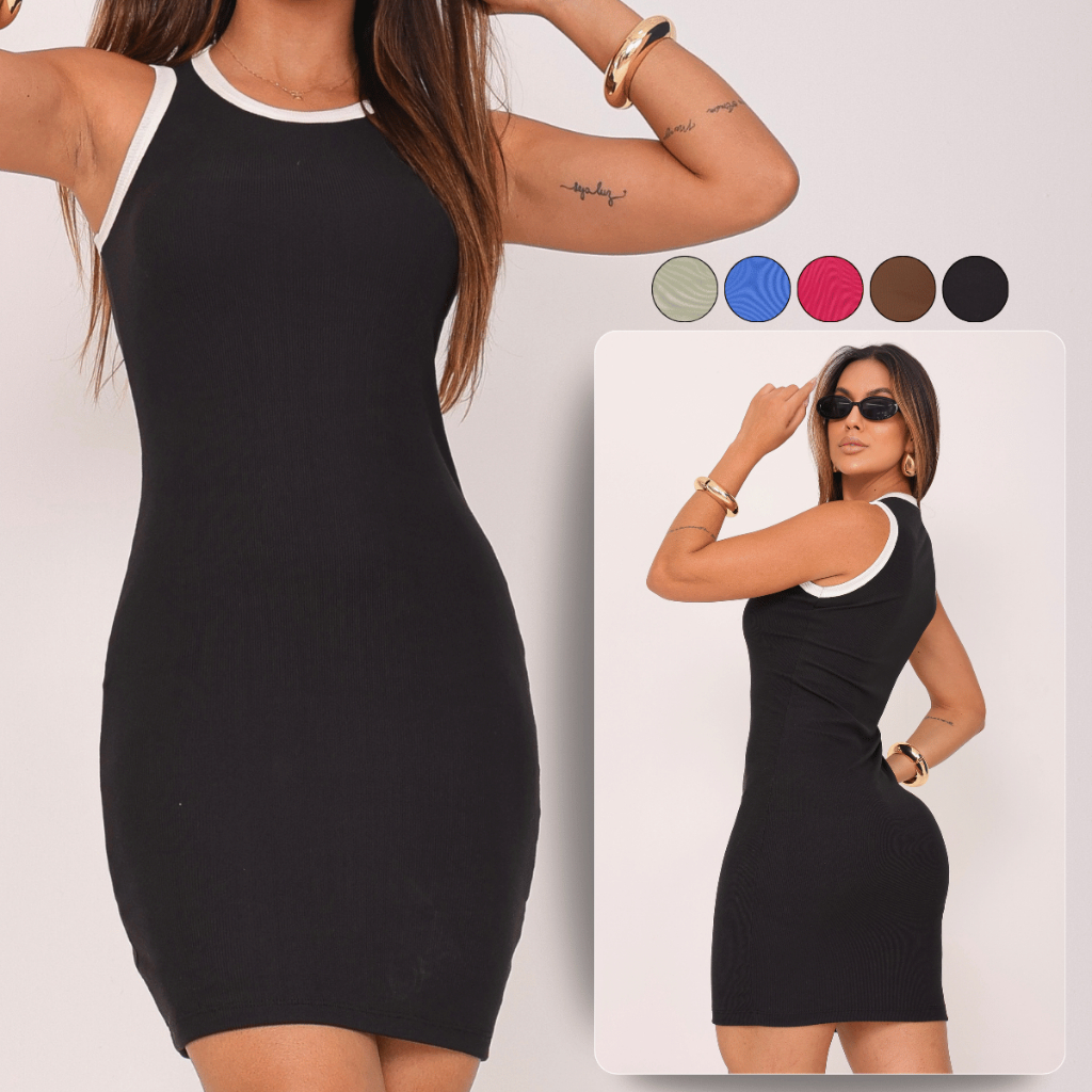 Vestido Tubinho Curto Regata Canelado Premium Bicolor Moda Casual Elegante Verão em Oferta na Shopee