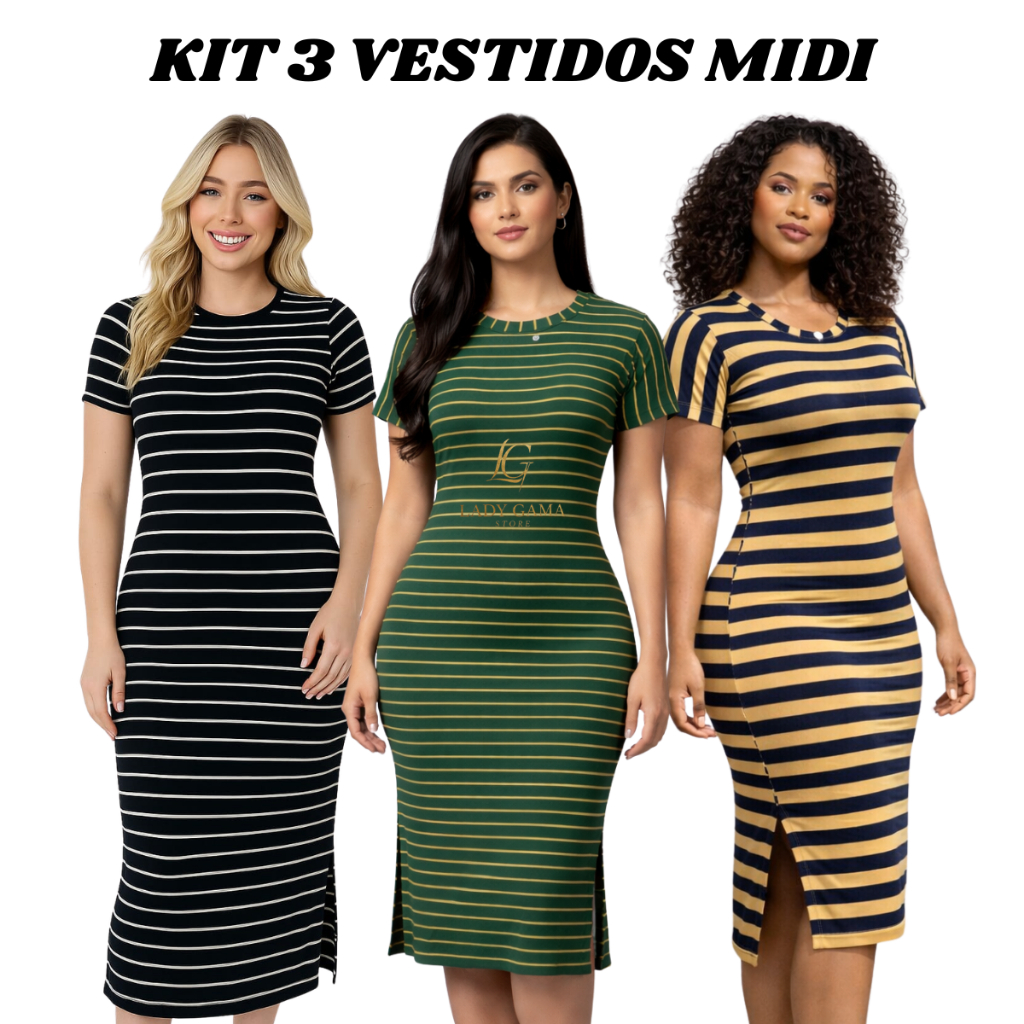 Kit 3 Vestidos Midi Listrados Femininos com Fenda Lateral Casual Moderno Estilosos Elegantes em Oferta na Shopee