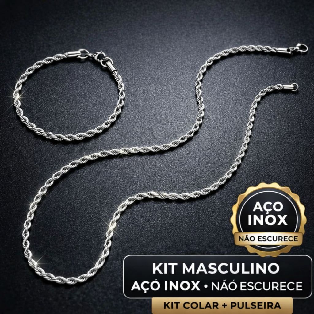 Kit Corrente + Pulseira Masculina Aço Inox Prata Brilhante Fina Não Escurece Antialérgico