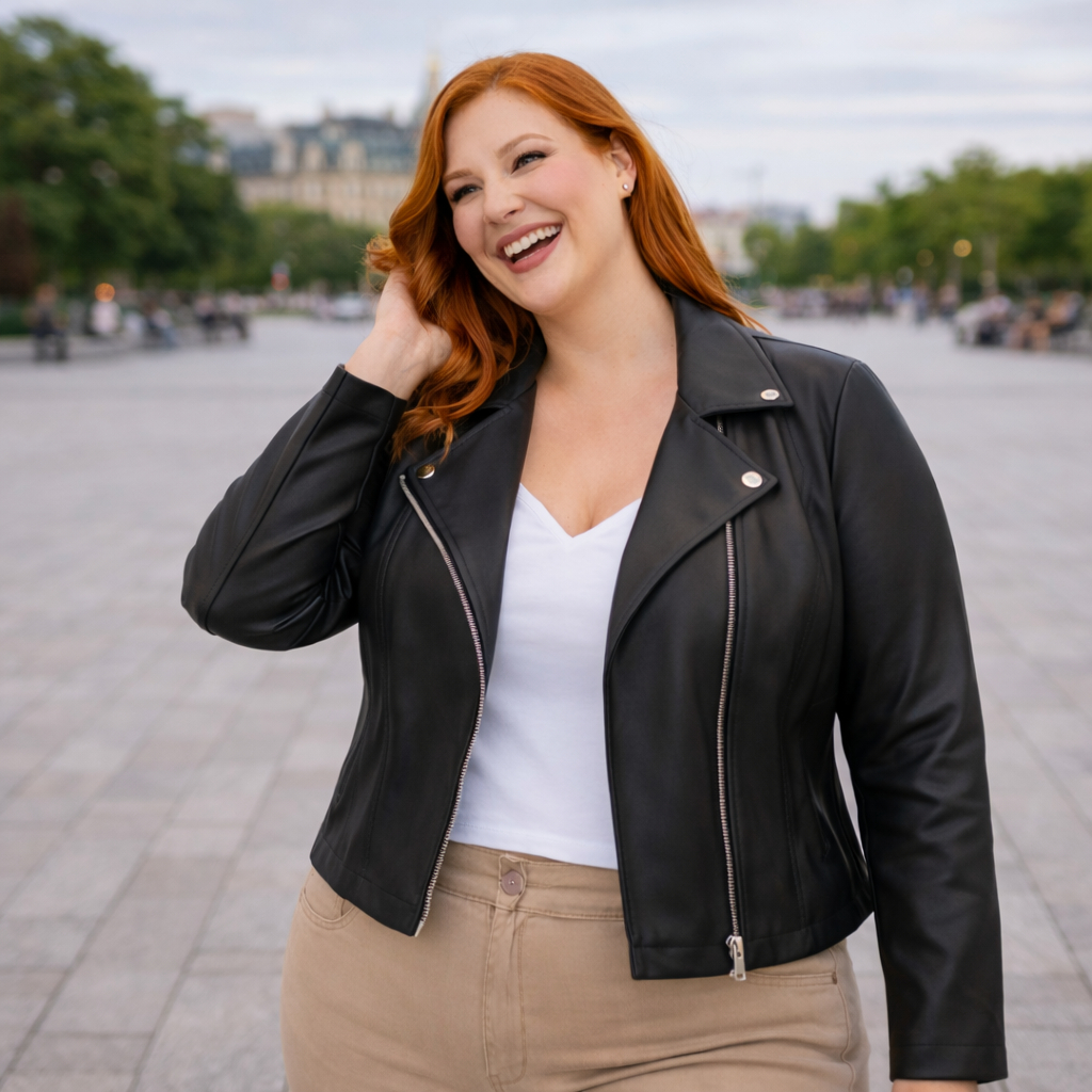 Jaqueta Plus Size Casaco Feminino Couro Sintetico PU Ziper Trasnversal Elegante em Oferta na Shopee