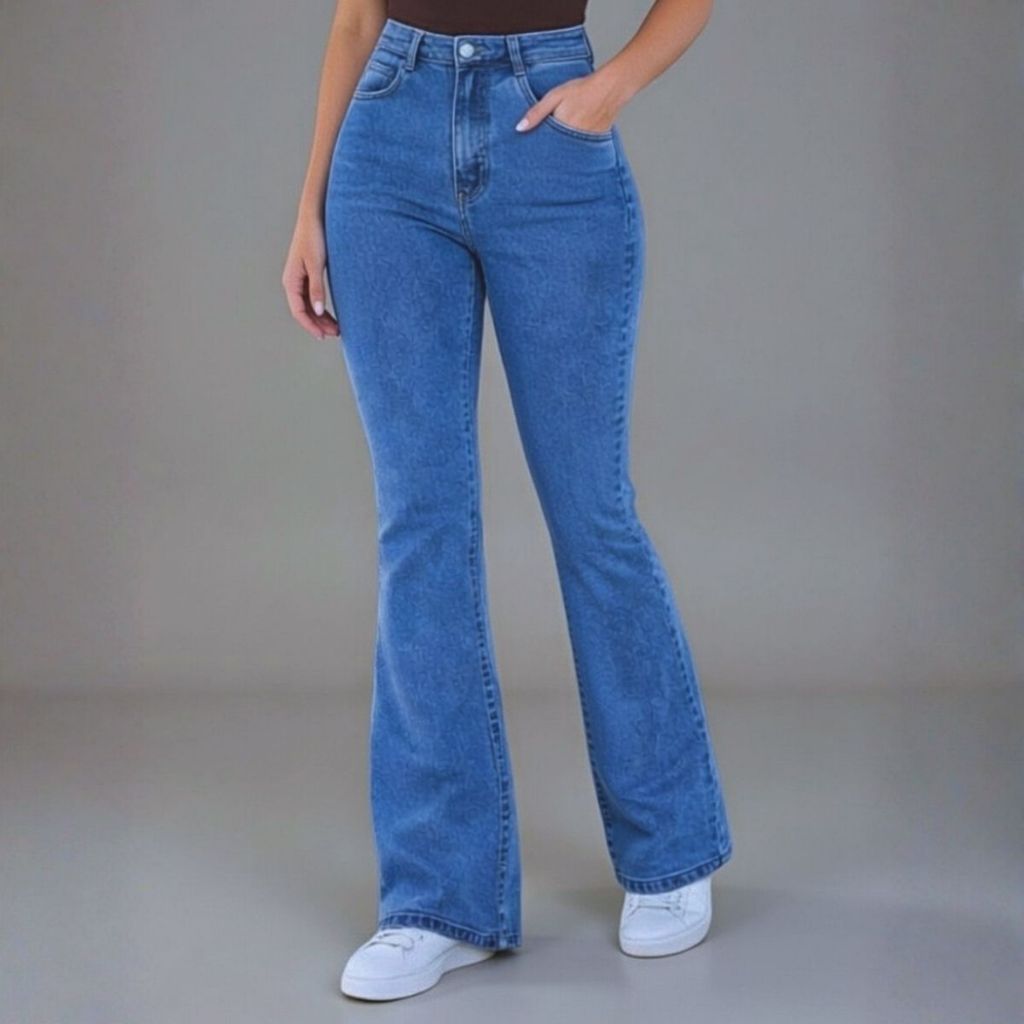 Calça Jeans Feminina Flare Cintura Alta com Elastano Empina Bumbum Boca de Sino Azul Médio em Oferta na Shopee