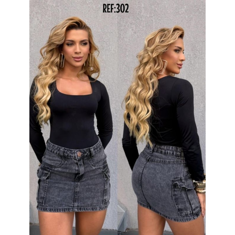 Saia Jeans Cargo grafite – Conforto & Estilo Utilitário | 36 ao 44