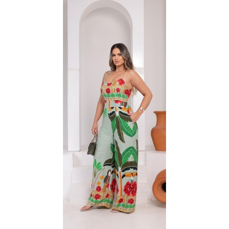 Macacão Longo Feminino Pantalona Estampado Alças Reguláveis Bolsos Reais Tecido Viscolino Elegante Social em Oferta na Shopee