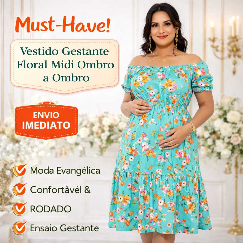 Vestido Gestante Midi Floral Ombro a Ombro Soltinho leve Confortável Gravidez Ensaio Gestante envio imediato em Oferta na Shopee