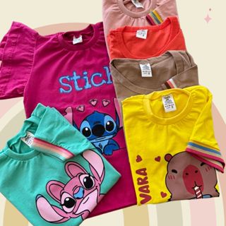 kit 5 Tshirt infantil blusinha feminina manguinha bufante + barrinha colorida estampas cores blusa em Oferta na Shopee