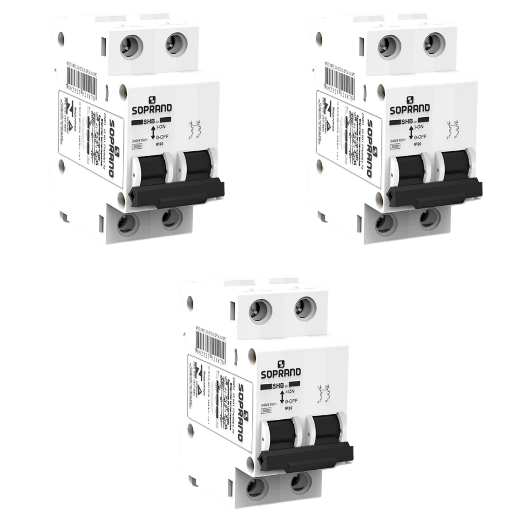 Kit 3 Disjuntor Residencial GII GIII Bipolar Duplo 2P Soprano 6A 10A 16A 20A 25A 32A 40A 50A 63A 70A