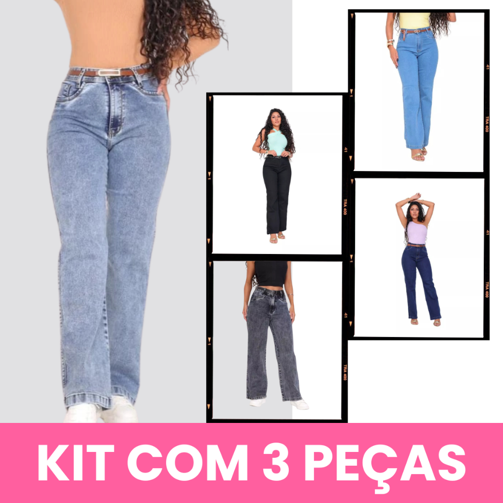 Kit 3 Calça Jeans Pantalona Feminina Wide Leg Cintura Alta