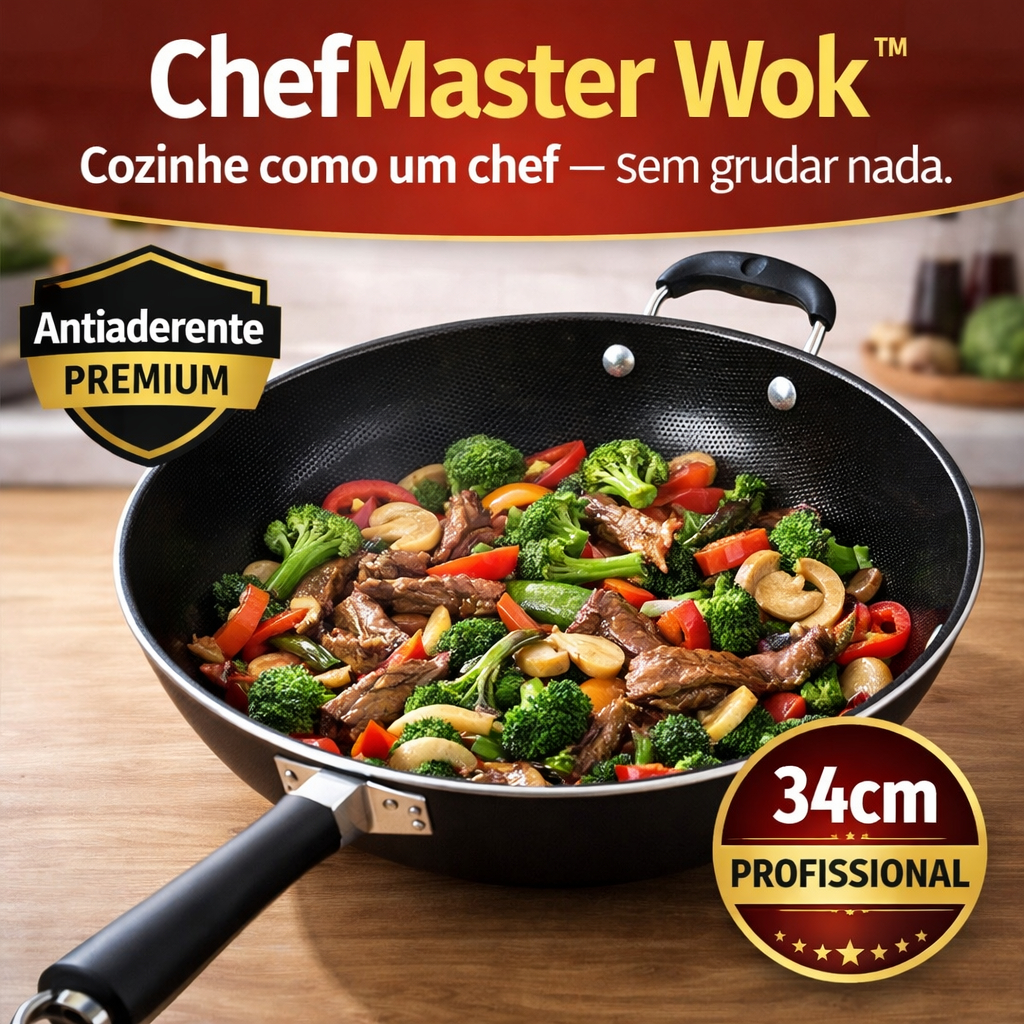 Imagem Frigideira Wok 34cm Antiaderente Profissional ChefMaster  Panela Grande Reforçada Não Gruda | Ideal Para Fritar, Refogar