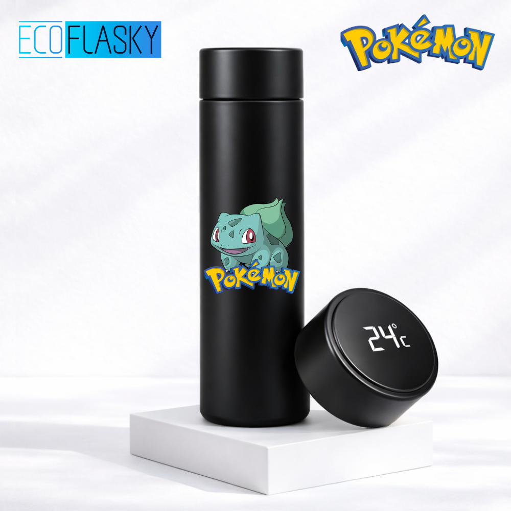 Garrafa Térmica de Água Aço Inox Pokémon Bulbasaur Medidor Temperatura Termometro LED Digital 500ml