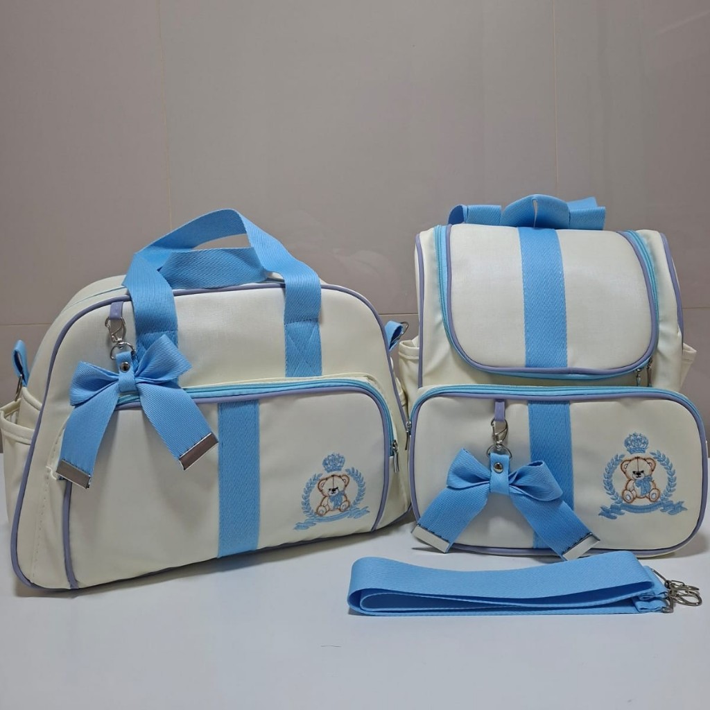 Kit Bolsa de Bebê e Mochila Maternidade Luxo Urso Rei Bege/Azul Claro
