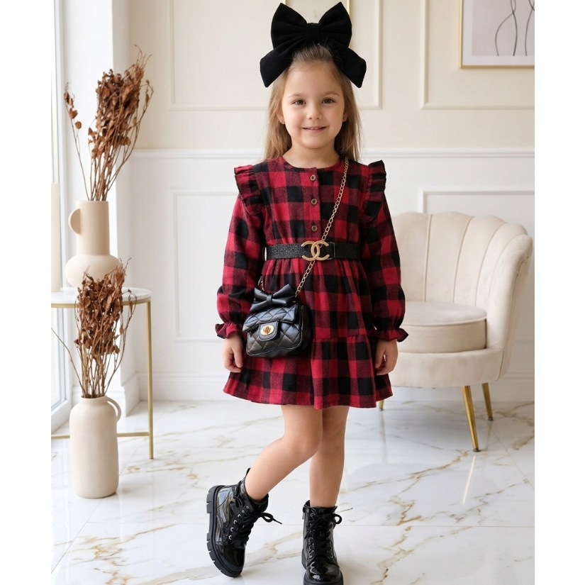 Vestido Infantil Xadrez Manga Longa Com Punho Franzido Elegante Festa Junina e Fantasia
