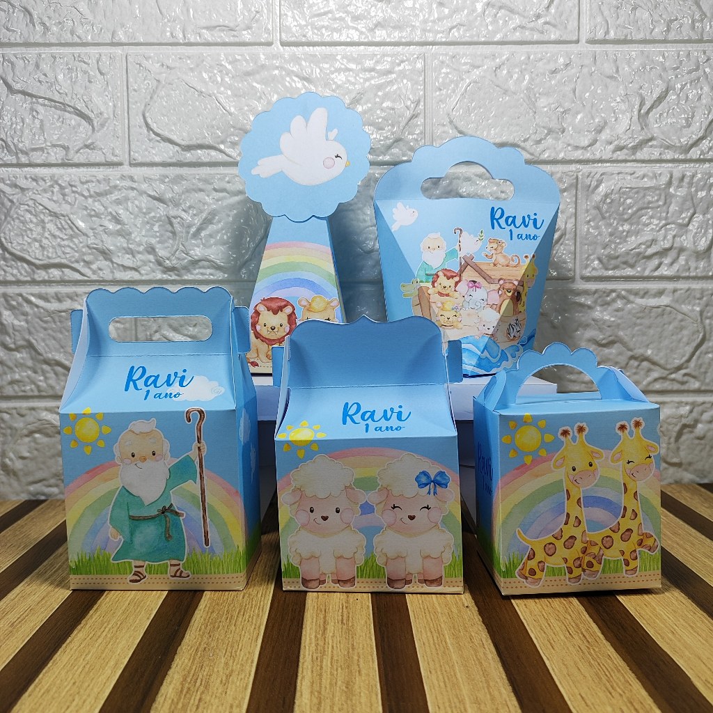 Kit Caixinhas Papelaria Personalizada A Arca de Noé 1 Lembrancinha Surpresa Aniversário Festa Infantil Desmontado