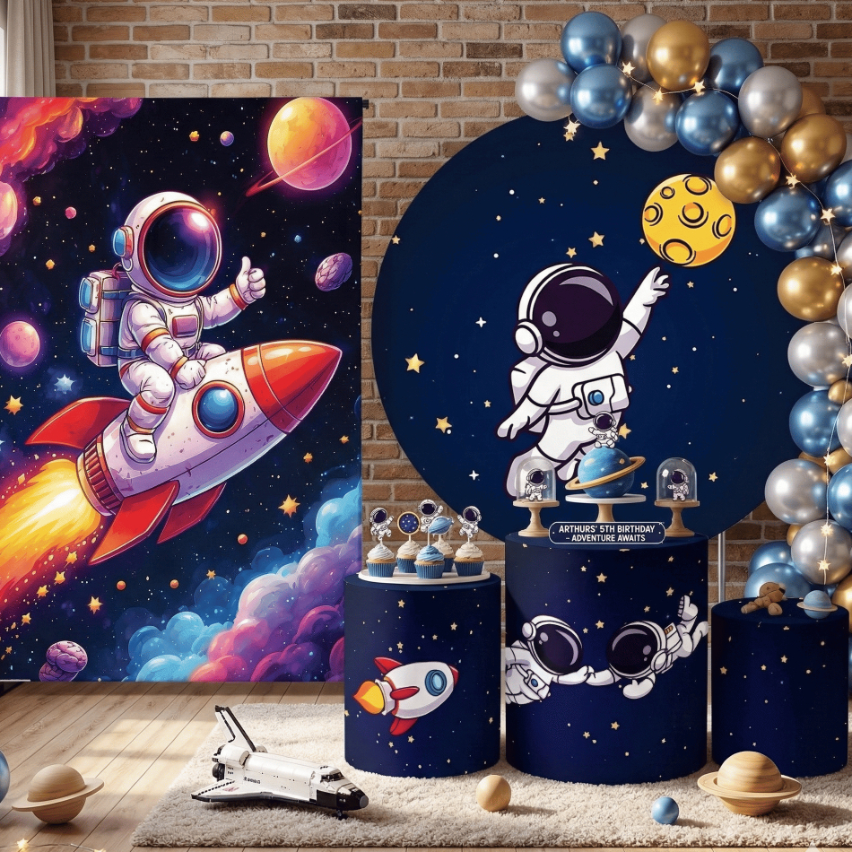 Capa Painel Redondo + Trio Cilindro Astronauta Espaço Universo Decoração Festa Infantil Oferta Bibi