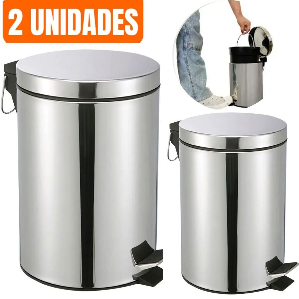 Kit Lixeiras Inox Com Cesto Removível Alça Banheiro Lavabo Cozinha em Oferta na Shopee