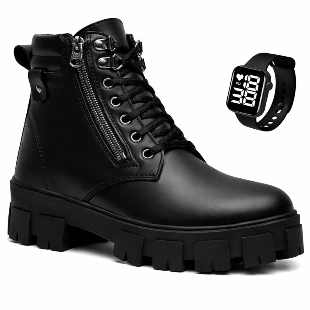 Coturno Bota Tratorada Feminina Cano Curto Zíper Sola Alta Blogueira Moda Leve Confortável + Relógio