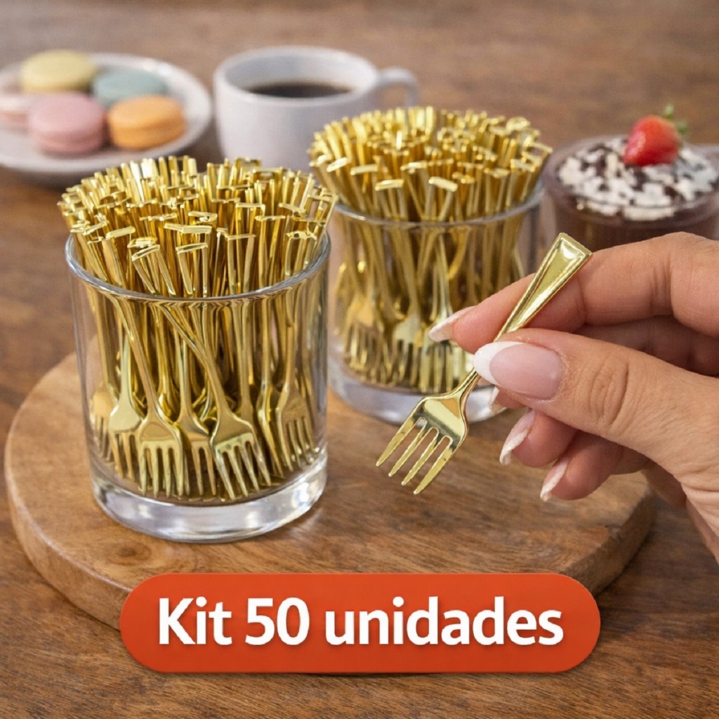 Louça descartável Garfo Mini dourado acrilico Luxo 50 Unid Para Sobremesa