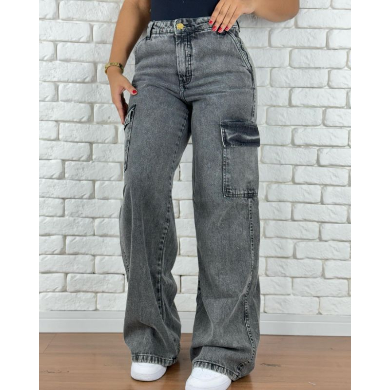 calça jeans feminina wide leg cargo cintura alta larga premium tendência grafit levanta bum bum