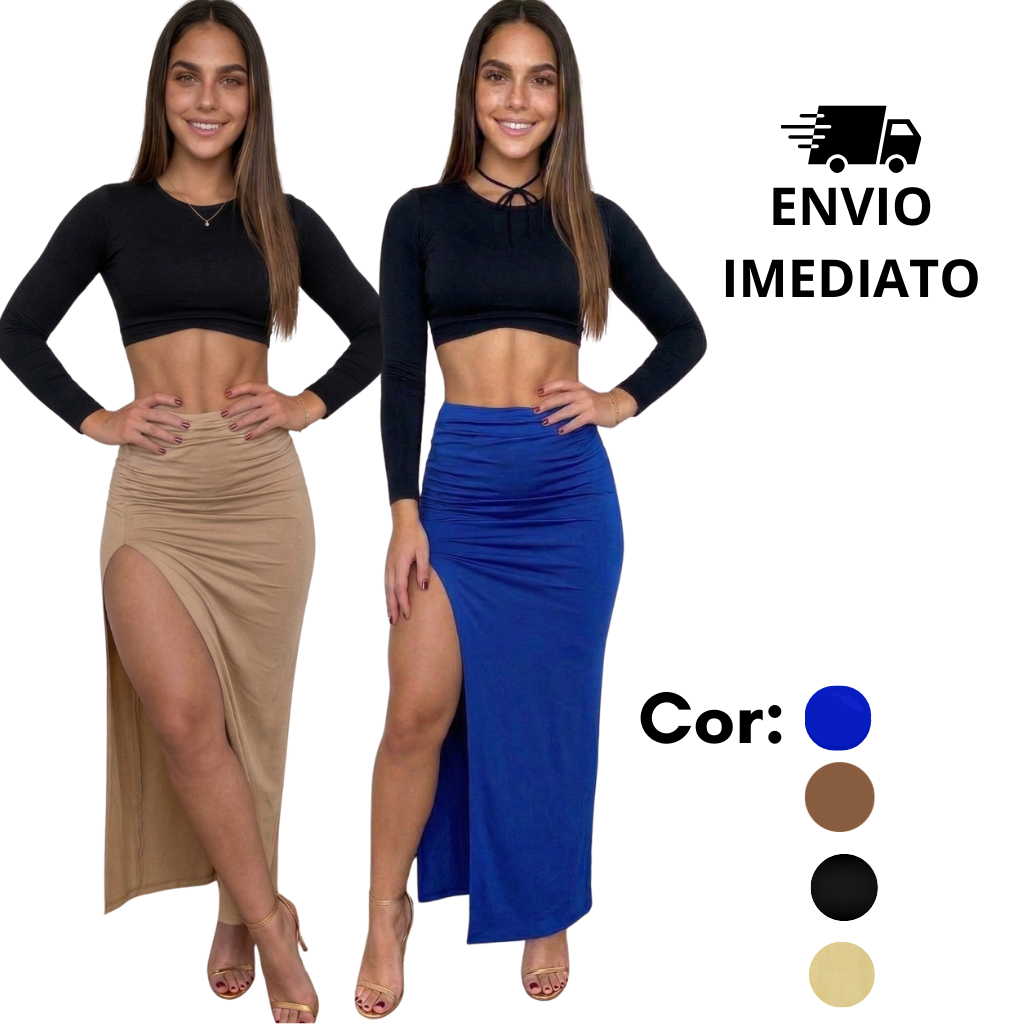 Saia Feminina Longa com Fenda Estilo Midi Casual Elegante Suplex Encorpada Modelo Gringa em Oferta na Shopee