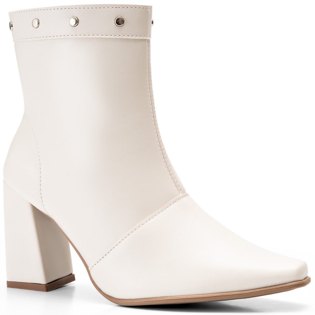 Bota Feminina Lumiss Cano Baixo Salto Alto Bloco Spike Rebite Off White