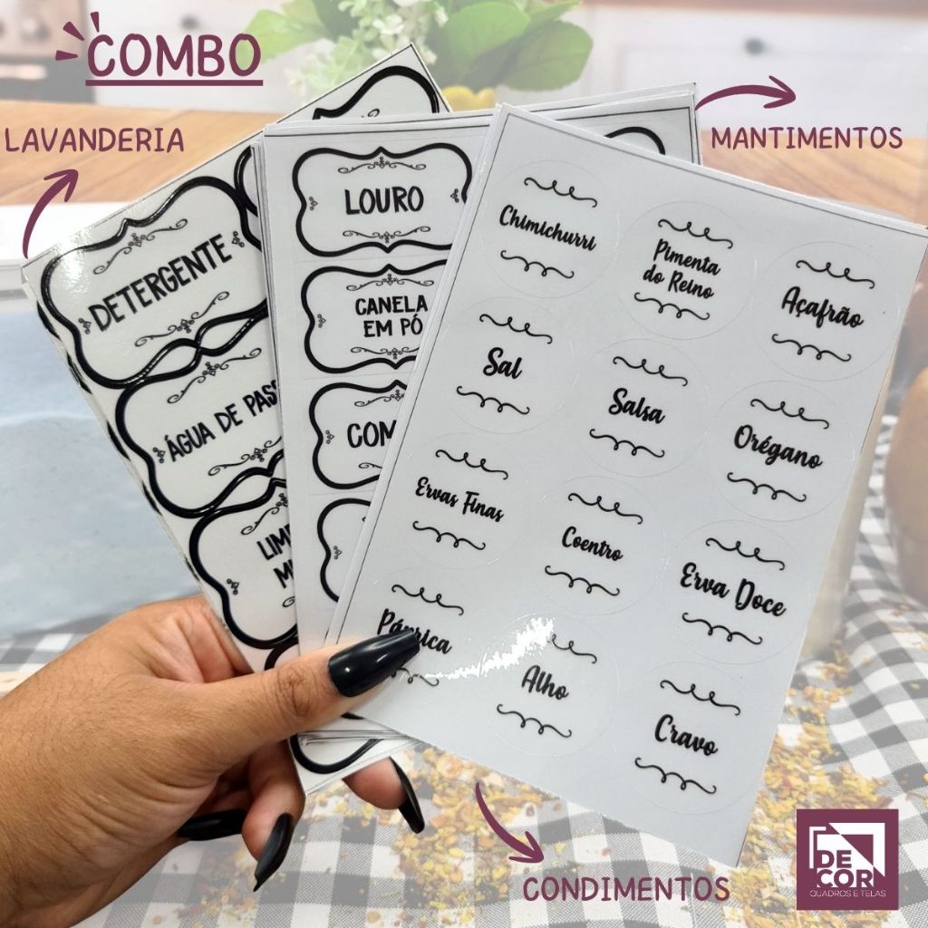 Kit Combo Etiquetas Mantimentos Condimentos Lavanderia Vinil Transparente Impermeável Organização
