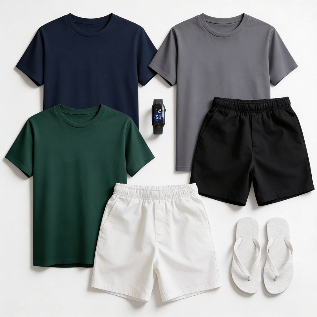 Kit Masculino Completo 3 Camisetas + 2 Bermudas + Chinelo + Smartband Look Casual Roupa Masculina Presente Promoção