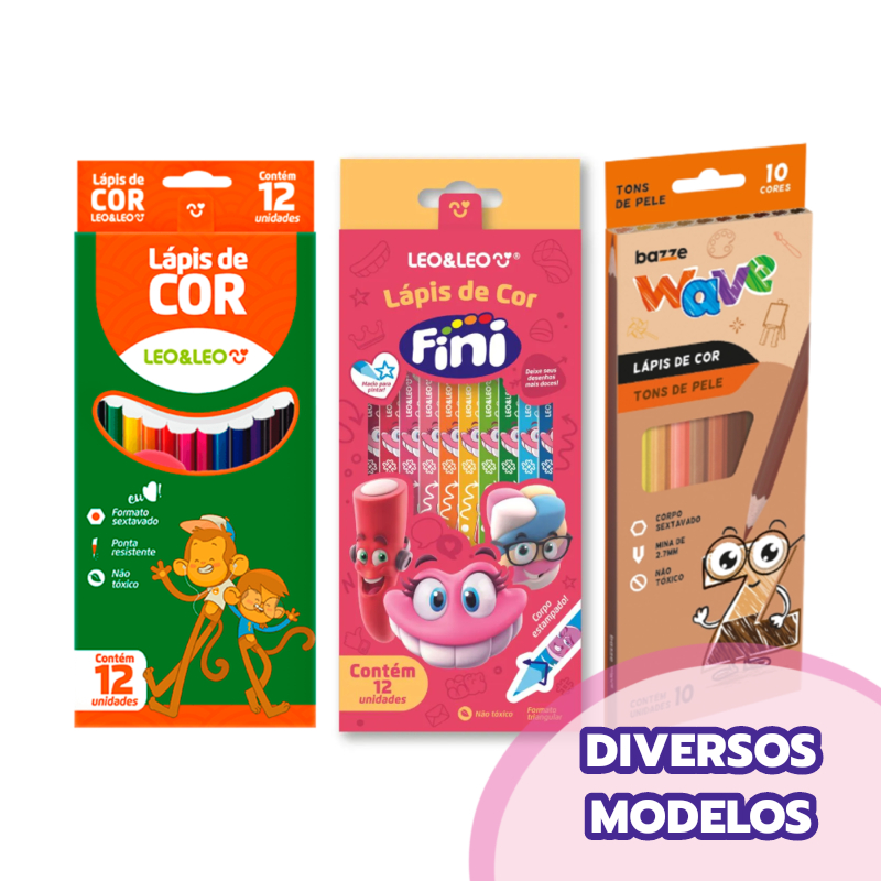 Lápis de Cor Triangular Estampado Fini Leo&Leo 12 Cores Sextavado 10 Cores Bazze Wave APAGÁVEL ECO Flexivel