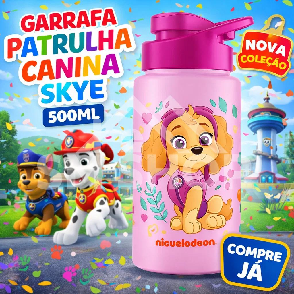 Garrafa de Água Infantil Squeeze Com Tampa Alça Patrulha Canina Skye Menina 500ml Volta as Aulas