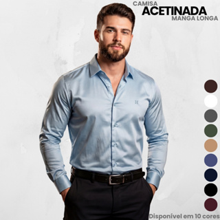 Camisa Social Masculina de Botão Acetinada Slim Fit Manga Longa Tecido Premium em Oferta na Shopee