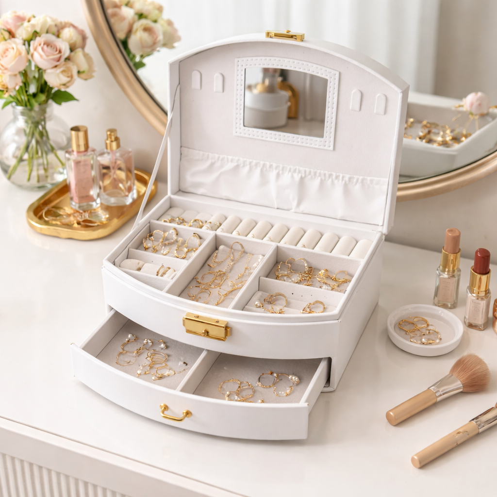 Porta Joias Multi Organizador com Espelho e Gaveta Caixa para Anéis Brincos Colares em Oferta na Shopee
