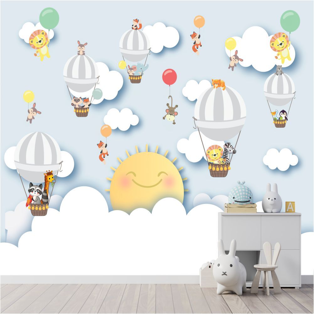 Papel de Parede Adesivo Safari no Balão - Decoração Quarto Infantil Menino - Painel Completo