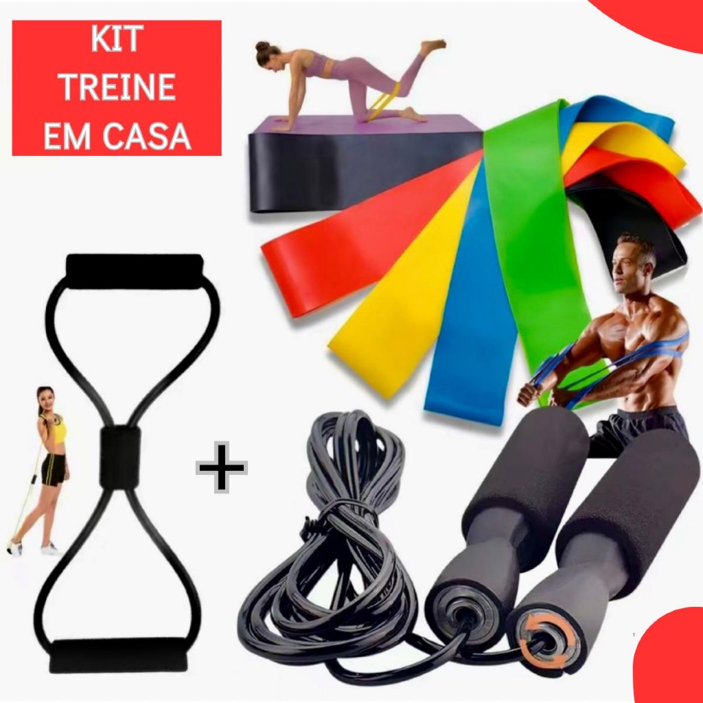 Imagem Kit Treine Em Casa Funcional Completo 5 faixas Mini Band + Elástico Extensor Cross + Corda de Pular