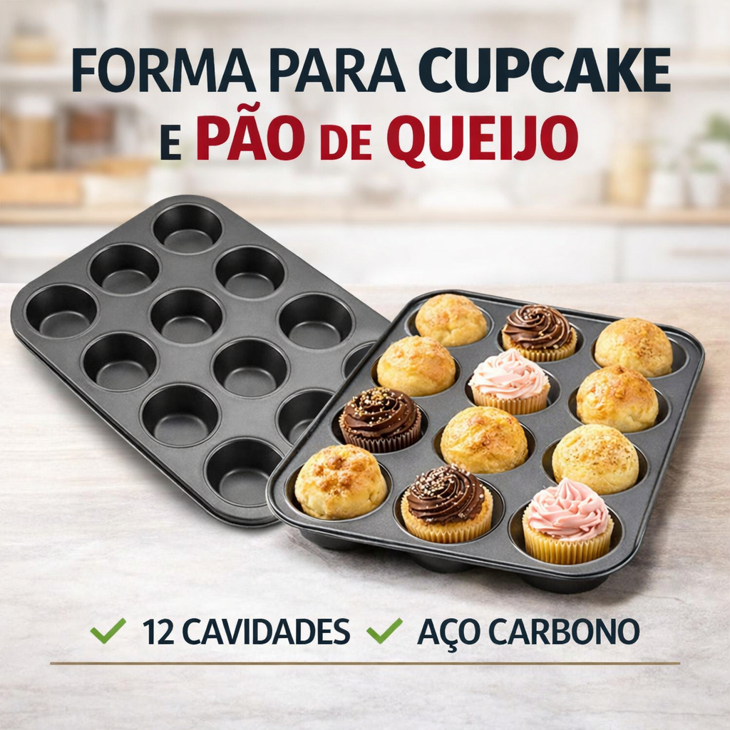 Forma Cupcake 12 Cavidades Aço Carbono Forma para Pão de Queijo Muffin Assadeira Antiaderente 6 CM