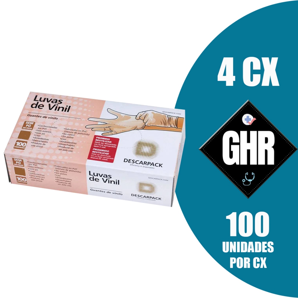 KIT COM 4CX Luva De Procedimento Vinil Sem Pó P/m/g  Caixa C/100 Uni - DESCARPACK