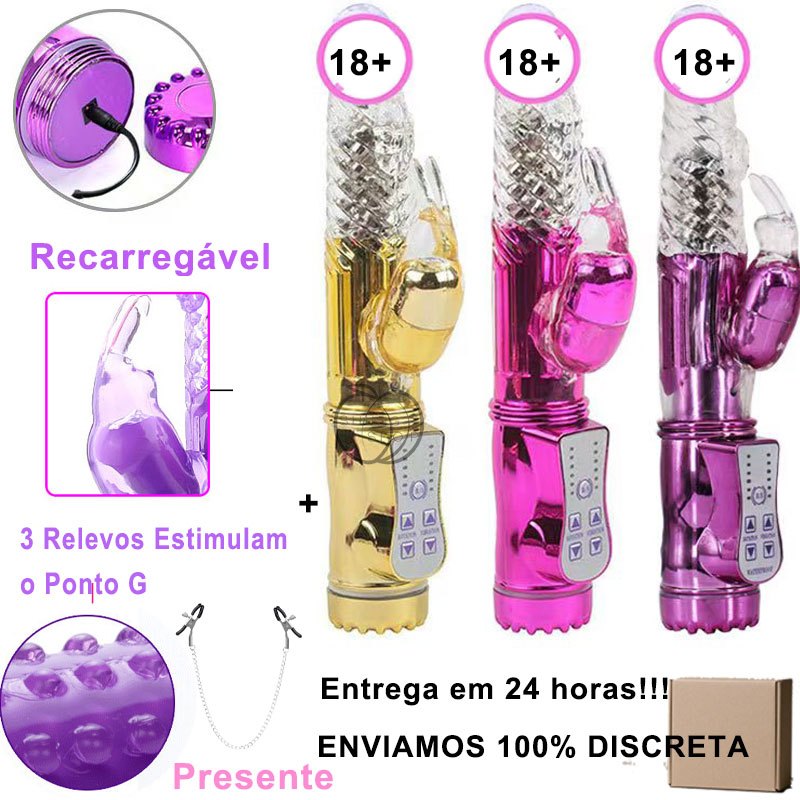 Vibrador feminino masturbador Recarregável Rabbit Rotativo Vai e Vem 36 de Vibrações e 8 Rotações