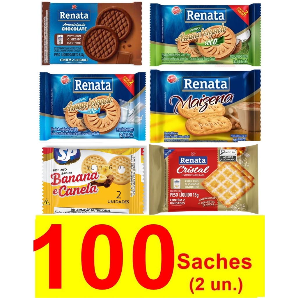 100 Sachês De Biscoito Renata Sabores Sortidos Chocolate Leite Coco Banana Capuccino em Oferta na Shopee