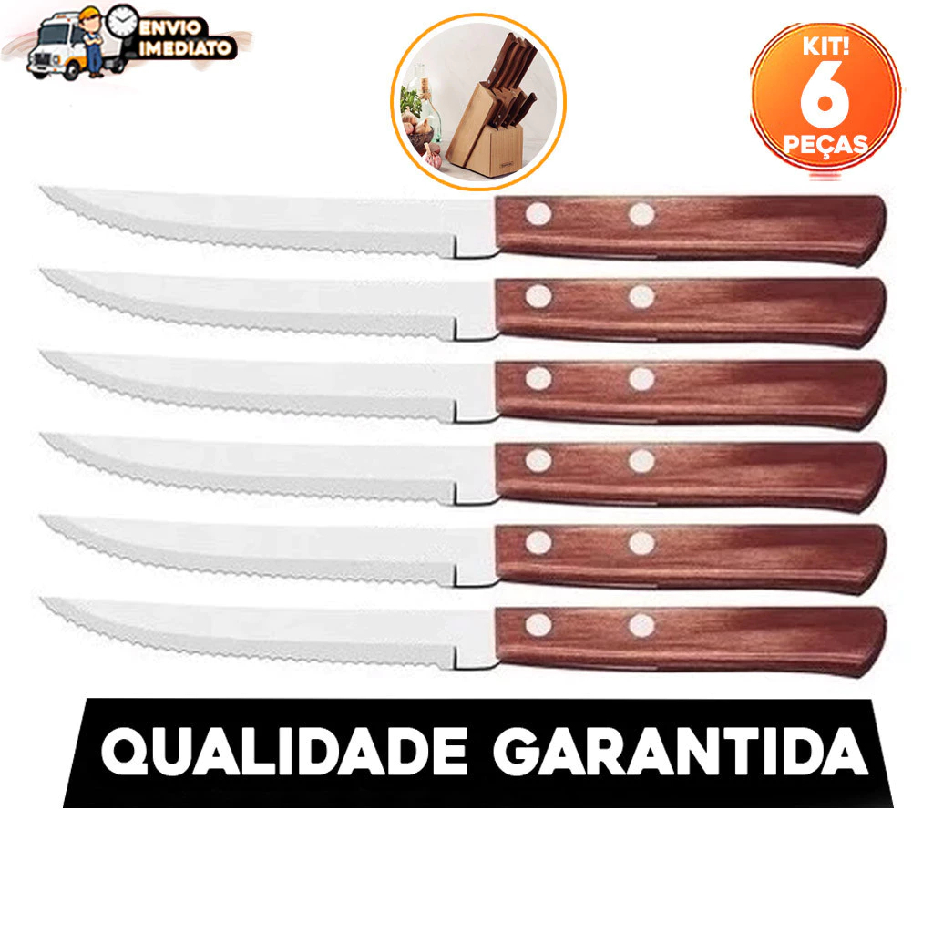 Conjunto de Facas de Serra Premium Kit com 6 un - Cabo de Madeira p/ Cozinha Bar e Restaurante