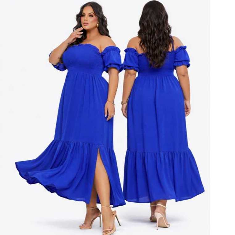 Vestido Longo Plus size Manga Ciganinha Liso Lastex Feminino Soltinho Moda Casual Elegante Evangélica Festa Casamento
