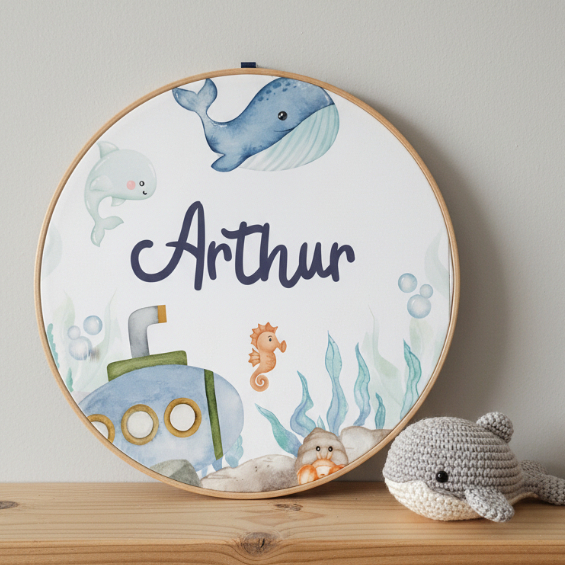 Porta Maternidade Fundo do Mar Bichinhos Marinhos Bastidor Redondo 30cm Nome Personalizado Quarto de Bebê