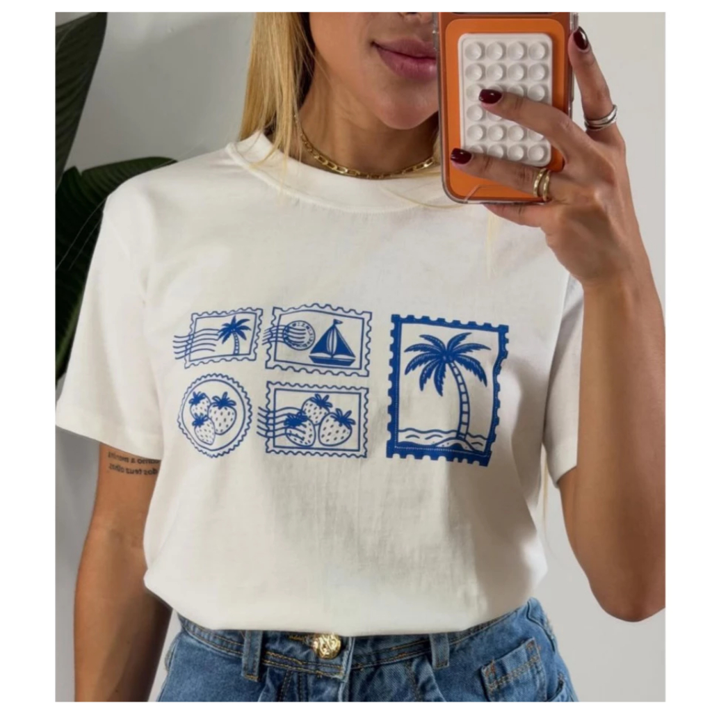 Camiseta estampada Casual Retro Verão Aesthetic feminina,moderna,estilosa,minimalista 100%algodao  "vintage tropical"