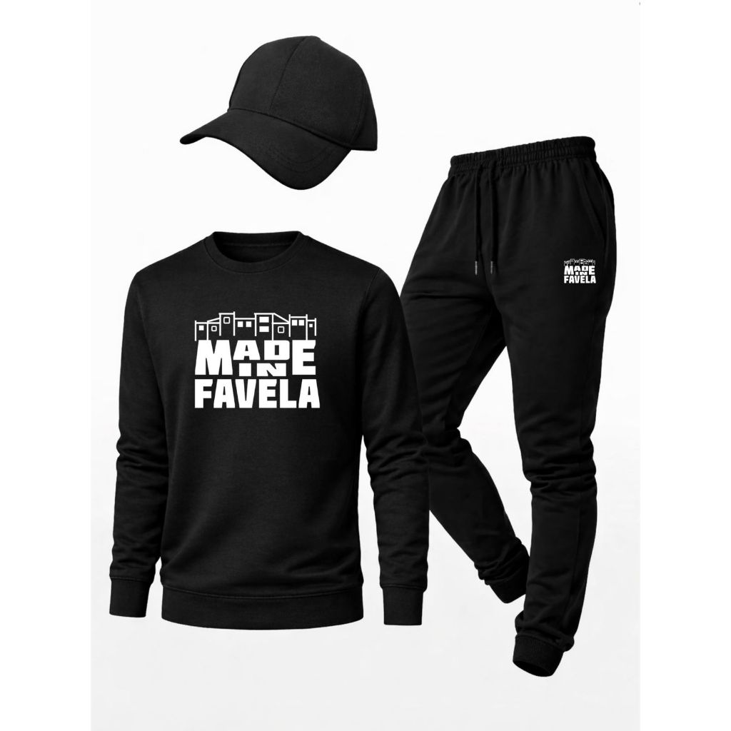 Kit Conjunto Moletom Made in Favela Blusa de Frio e Calça + Boné de Brinde