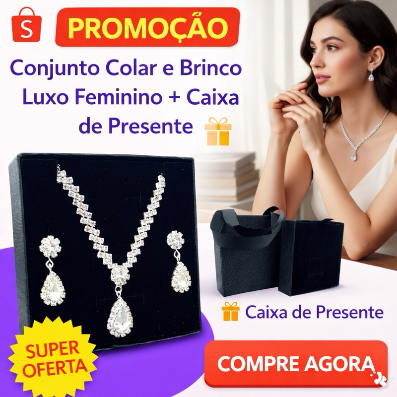 Conjunto Colar Brinco Gota Strass Cristal Luxo Festa Noiva em Oferta na Shopee