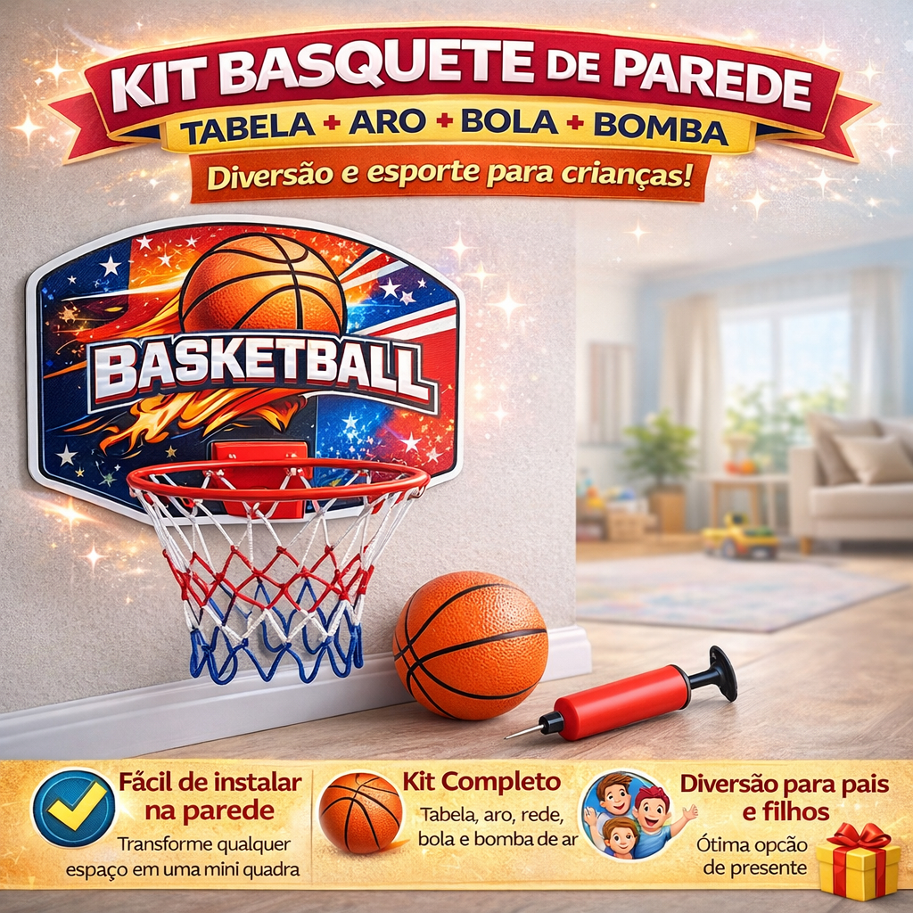Kit Basquete Parede Tabela Aro Bomba Bola Pais Filhos Esportivo Infantil brinquedo diversão esporte