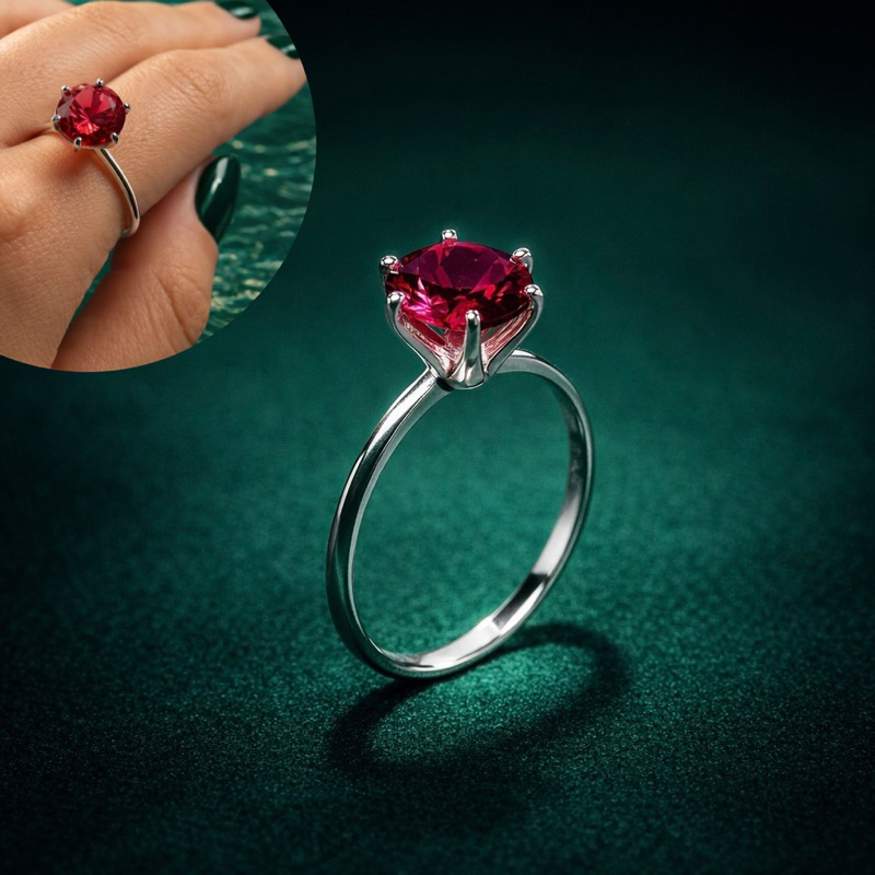 Anel Elegante Pedra Rosa Cereja 10mm em Prata 925