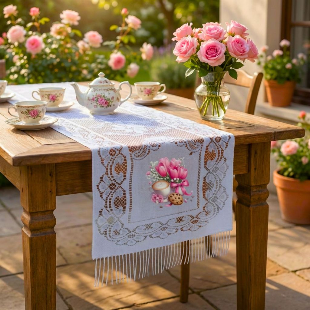 Caminho de mesa de renda Estampada florida branca de alta qualidade 100% poliester