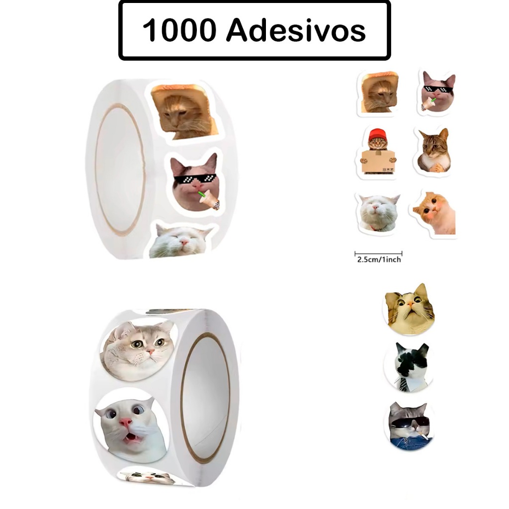 Rolo 1000 Adesivos Diversos Gatos Fofos Memes Divertido Engraçado Escolar Figurinhas Infantil Menino