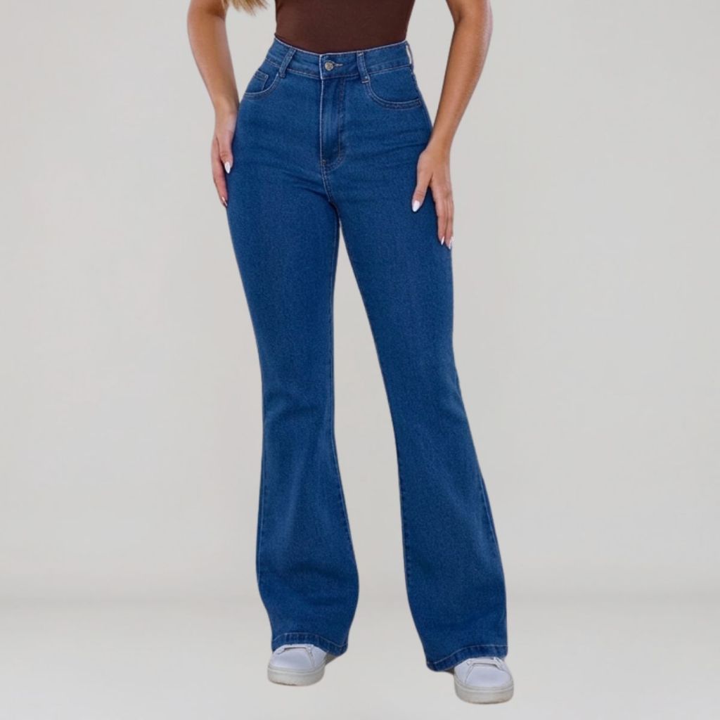 Calça Flare Feminina Jeans Boca de Sino Modeladora  Cintura Alta Empina Bumbum Lycra Elastano Premium