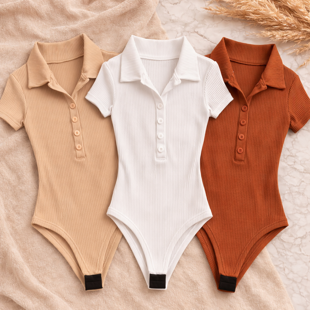 Kit 3 Body Feminino Canelado Gola Polo Manga Curta com Botões Moda Casual Tendência