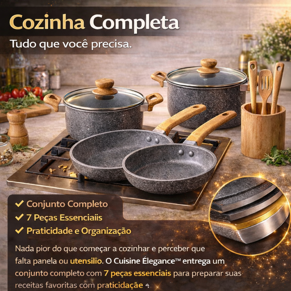 Jogo de Panelas Antiaderente 4 Peças Cabo de madeira  Cuisine Éléganc  Panelas Resistentes...