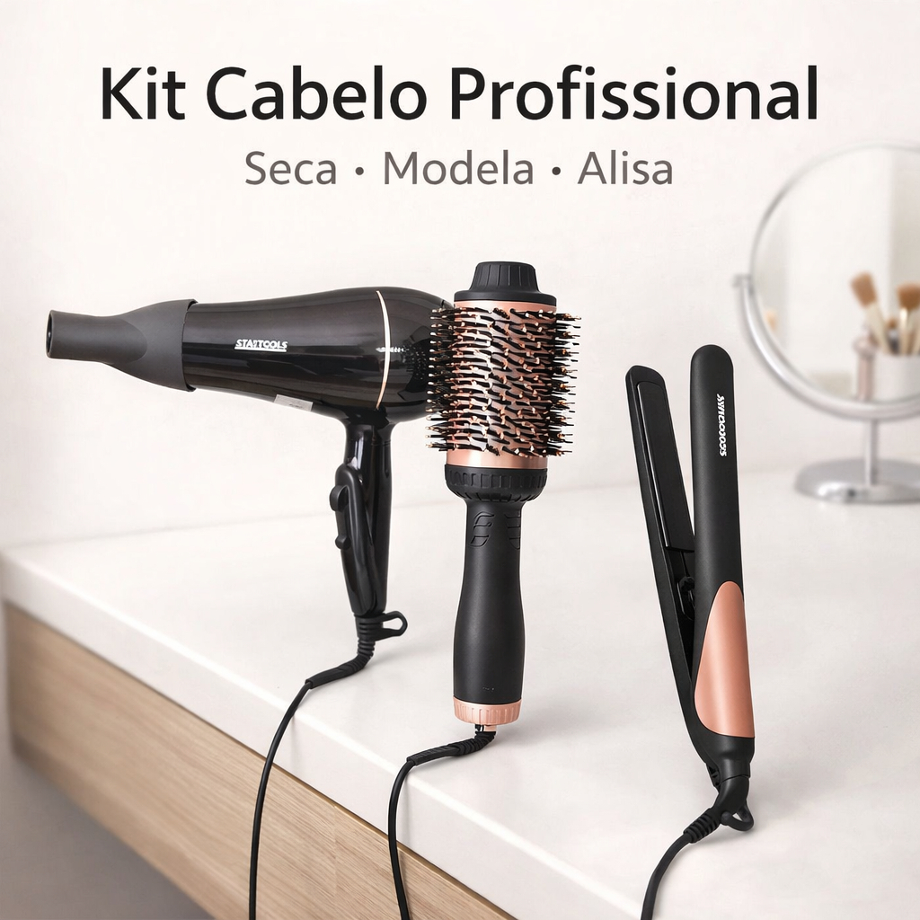 Kit Cabelo Secador + Escova Modeladora + Chapinha Prancha Alisadora